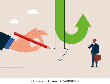 Green arrow goes up. Giant hand draws an arrow down. Decision to change to worst opportunity. Flat vector illustration