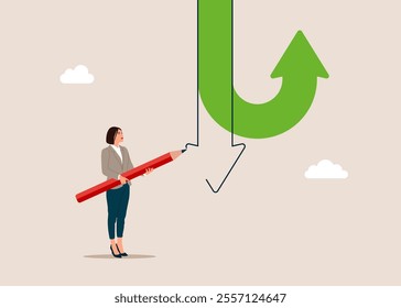 Green arrow goes up. Woman draws an arrow down. Decision to change to worst opportunity. Flat vector illustration