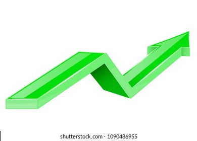 Green arrow. Up growing 3d shiny icon. Vector illustration isolated on white background