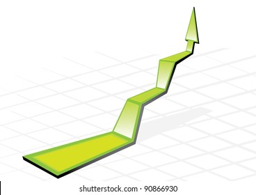 Green arrow growing up graph on grid vector illustration.