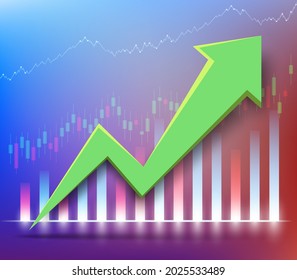 Green arrow grows up against the background of financial charts. Business success and development. Vector illustration
