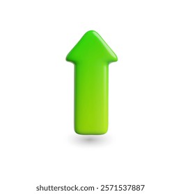 Green arrow growth trend 3D cartoon plastic style icon. Vector render illustration of glossy up direction pointer, computer mouse cursor with shadow. Increase progress chart graph. Interface button