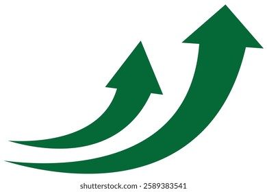 Green arrow icon on white background. Green curved graph up arrow. Green long curved arrow vector icon. 
