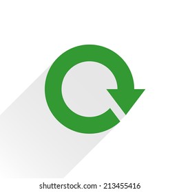 Green arrow icon reload, refresh, rotation, reset, repeat sign 09. Web pictogram with gray long shadow on white background. Simple, solid, plain, flat style. Vector illustration graphic design 8 eps