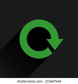 Green arrow icon reload, refresh, rotation, reset, repeat sign 09. Web pictogram with gray long shadow on white background. Simple, solid, plain, flat style. Vector illustration graphic design 8 eps