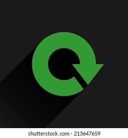 Green arrow icon reload, refresh, rotation, reset, repeat sign 13. Web pictogram with gray long shadow on white background. Simple, solid, plain, flat style. Vector illustration graphic design 8 eps