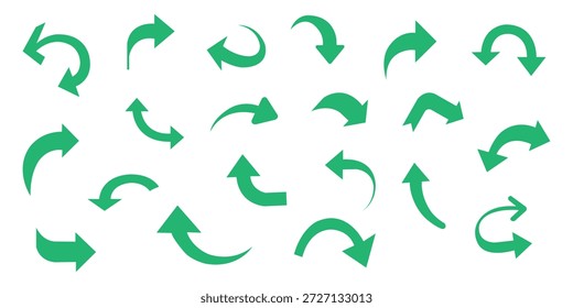 Conjunto de ícones de seta verde. Desfazer em curva, longo, para cima, esquerda, direita, para frente, para cima, design de símbolo vetorial, apontamento de coleção, sinal, fundo branco.