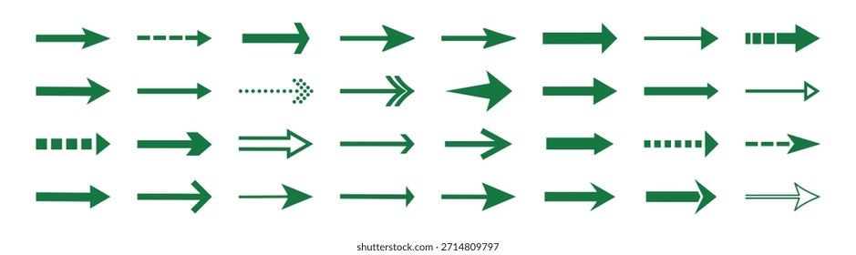 Conjunto de iconos de flecha verde Ilustración vectorial de punteros direccionales simples aislados sobre fondo transparente