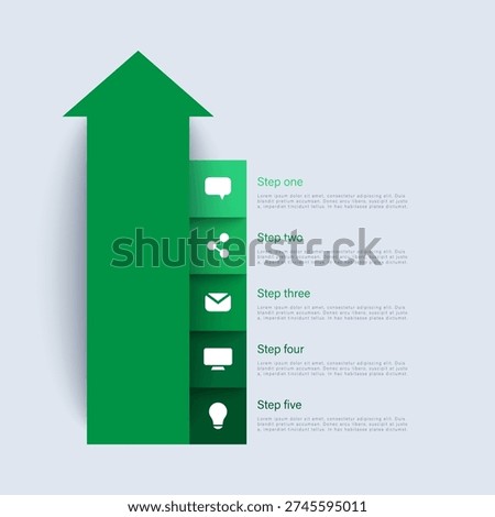 Green arrow up layout of the infographic. Success indicators, business growth strategy