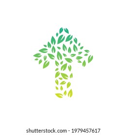 Green arrow up made of leaves. Spring or summer icon isolated on white. Upload icon.  Upgrade sign. Growth symbol. Leaf ecology, natural, organic symbol