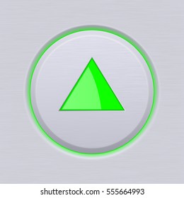 Green UP arrow on gray plastic round button. Vector 3d illustration.