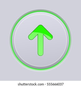 Green UP arrow on gray plastic round button. Vector 3d illustration.