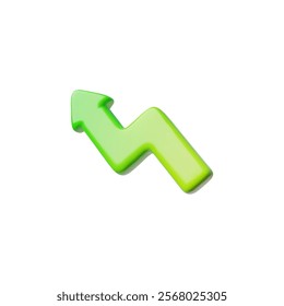 Green arrow pointing up left diagonal zigzag cursor 3D cartoon plastic style icon. Volume glossy arrow graphic angled geometry element. Vector render analyzing presentation pointer increase direction