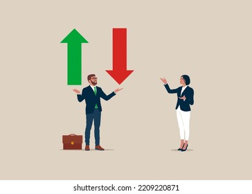 La flecha verde apunta hacia arriba y la flecha roja hacia abajo en la mano del inversor. Fluctuación de las existencias. Unas flechas hacia arriba y hacia abajo inestables sobre el riesgo de inversión. Ilustración vectorial plana.