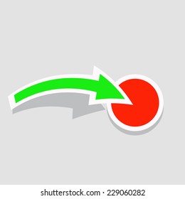 The green arrow points to the red button. Vector illustration.