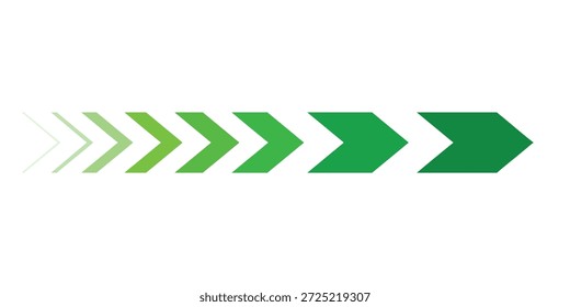 Green arrow progression pointing forward on a white background. Abstract directional chevrons showing growth, speed, and movement. Business strategy, navigation, and success concept. 