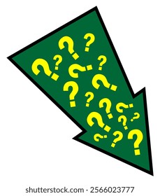 Green arrow with question marks inside isolated on white, vector illustration