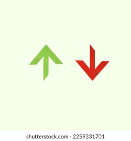 Green arrow up and red arrow down box. flat icon isolated on white. point down button. south sign. Upload icons set.
