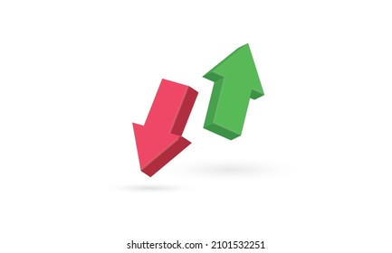 Green up arrow and red down arrow isolated on white background, 3d render illustration