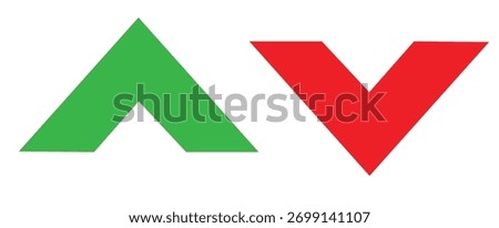 Green up arrow and red down arrow isolated on white background represent contrasting directions, symbolizing growth versus decline, or positive versus negative trends