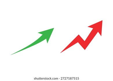 Una flecha verde y una flecha roja en zigzag apuntando hacia arriba sobre un fondo blanco puro, simbolizando el crecimiento y el aumento