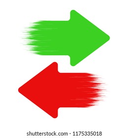 Green arrow right and red arrow left. Vector illustration. Set of colored hand drawn arrow icons