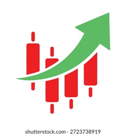 Seta verde subindo sobre gráfico de castiçal vermelho no fundo branco