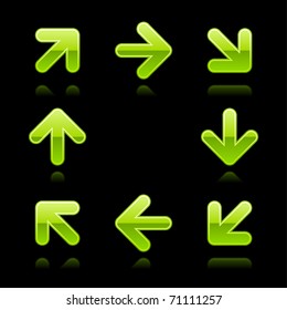 Green arrow sign web 2.0 button. Glossy shapes with color reflection on black