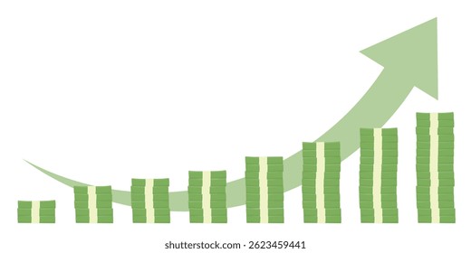 Seta verde para cima e pilhas de notas, pacotes de dólar isolados no fundo branco. Sucesso financeiro e conceito de crescimento. Ilustração vetorial