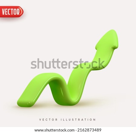 Green Arrow up. Flexible upward arrow indication statistic. Growth chart sign. Price graphic element. Realistic 3d design isolated on white background. Trade infographic. Vector illustration