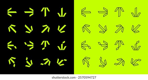 Green Arrow Vector Set. Modern Arrows in Different Directions. Left, Right, Up, Down Flat Arrow Buttons. Set of Outlined and Filled Icons for Web and Mobile Design on Isolated White Background. 