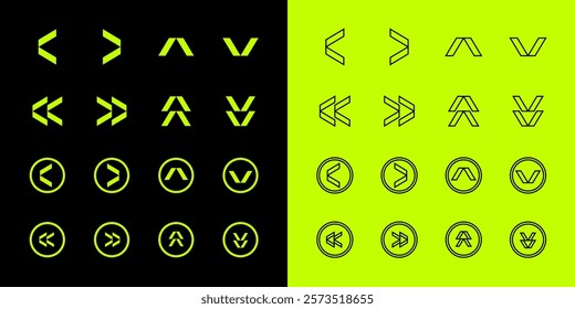 Green Arrow Vector Set. Modern Arrows in Different Directions. Left, Right, Up, Down Flat Arrow Buttons. Set of Outlined and Filled Chevron Icons for Web and Mobile on Isolated White Background. 