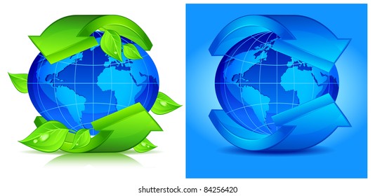 Green arrows around blue planet, vector illustration