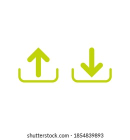 Green arrows in box. up and down. flat icons set isolated on white. point down button. south sign. Upload icon. Upgrade. download, share