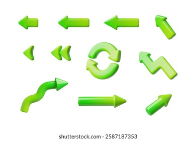 Green arrows, different directions cursor 3d cartoon icons set. Volume arrows navigation pointer, growth trend, play back, looping in circle sign. Vector glossy interface or infographic design element