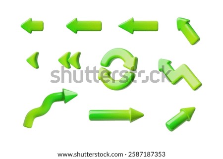 Green arrows, different directions cursor 3d cartoon icons set. Volume arrows navigation pointer, growth trend, play back, looping in circle sign. Vector glossy interface or infographic design element