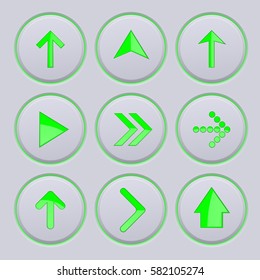 Green arrows on gray buttons. 3d icons set. Vector illustration.