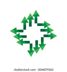 Green arrows outward icon. Forming a rhombus. Navigation pointer. Geometric figure. Vector illustration. Stock image.