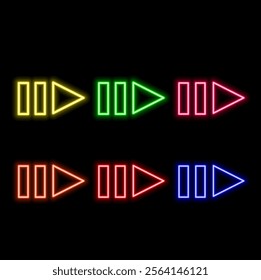 Green arrows pointing right Neon light. direction concept. Right glowing neon direction at night. Lighting sparrow sign. Flashing direction indicators. 3d render.