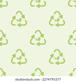 Las flechas verdes reciclan con un patrón de hojas verdes. Ilustración vectorial.