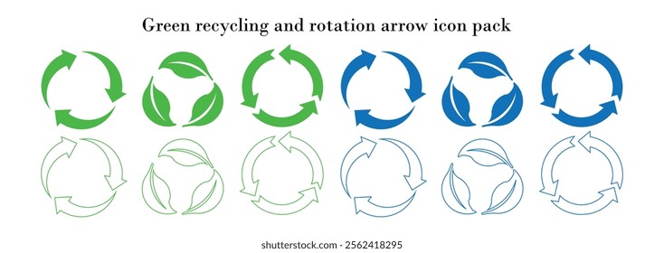  Green arrows and recycling symbol set. Recycle arrow icon. Green leaves symbol. Vectors recycle symbol.