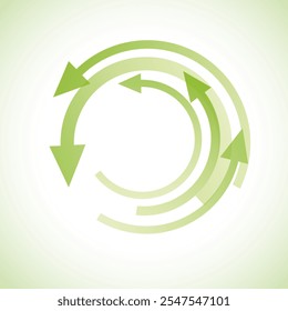Green arrows rotating in a circle, forming a cycle, symbolizing continuity and perpetual motion, renewable power and recycle