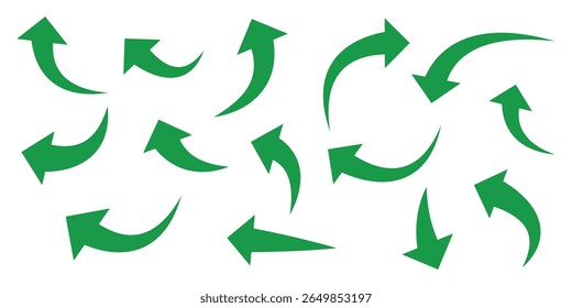 Conjunto de flechas verdes. Flechas curvas. Signo de flecha. Iconos planos del estilo. conjunto de Vectores verdes del icono de la flecha de la curva. Ilustración vectorial larga del icono de la flecha.