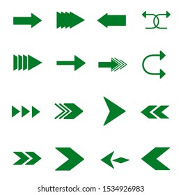 Green arrows are set on a white background. Arrows, Cursor Icons. Vector Pointer Collection. Bookmark Next Web Page