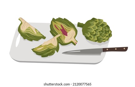 Green artichoke cut into pieces on board and knife. Whole and partial healthy vegetables and leaves, harvesting. Delicious food for salad and cooking. Vector flat illustration