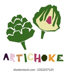 The green artichoke, whole and in section, is highlighted on a white background. The original signature is an artichoke. Products from the farmer's market, organic food. Geometric stylized flat vector