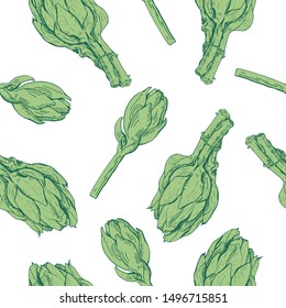 Green artichokes hand drawn vector seamless pattern on white. Fresh vegetable objects. Detailed vegetarian food drawing. Farm market product