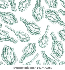 Green artichokes hand drawn vector seamless pattern on white. Fresh vegetable objects. Detailed vegetarian food drawing. Farm market product
