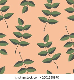 Green artistic leaves on a pink background. Foliage seamless pattern for trendy fabrics, decorative pillows, bedding, interior design. Vector.