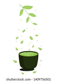 Green Asian matcha tea in a cup. Petals and leaves match. Green healthy fitness tea. On a white background. Vertical drawing